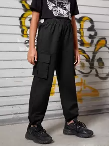 SHEIN Girls Flap Pocket Side Cargo Trousers - Black - View 4