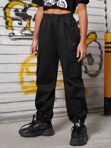 SHEIN Girls Flap Pocket Side Cargo Trousers - Black - View 5