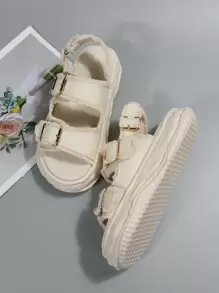 Women Buckle Decor Flatform Slingback Sandals - Beige - View 4