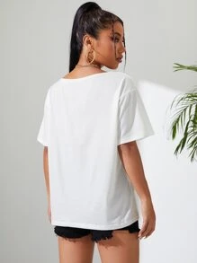 INAWLY Camiseta con estampado de slogan de cuello scoop - Blanco - Ver 2