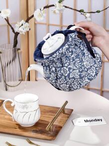 1 pieza acogedor de té con patrón floral, acogedor de té para tetera poliéster modernista a prueba de polvo para el hogar - Azul - Ver 1