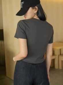 DAZY Figure & Letter Graphic Crop Tee - Dark Grey - View 2