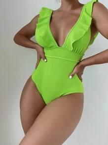 Traje de baño de una pieza con volantes, para vacaciones de verano en la playa - Verde Lima - Ver 1