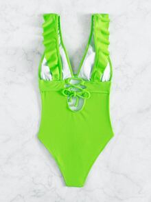 Traje de baño de una pieza con volantes, para vacaciones de verano en la playa - Verde Lima - Ver 3