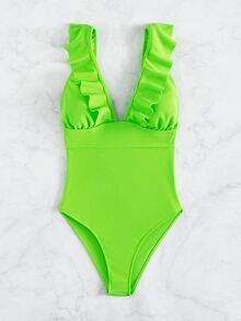 Traje de baño de una pieza con volantes, para vacaciones de verano en la playa - Verde Lima - Ver 4
