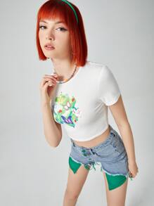 ROMWE Camiseta corta con estampado de mariposa - Blanco - Ver 4