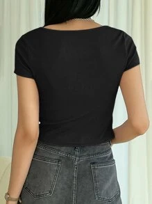 DAZY Camiseta de cuello cuadrado de punto acanalado de verano, blusas cortas para mujeres - Negro - Ver 2