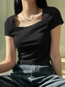 DAZY Camiseta de cuello cuadrado de punto acanalado de verano, blusas cortas para mujeres - Negro - Ver 4