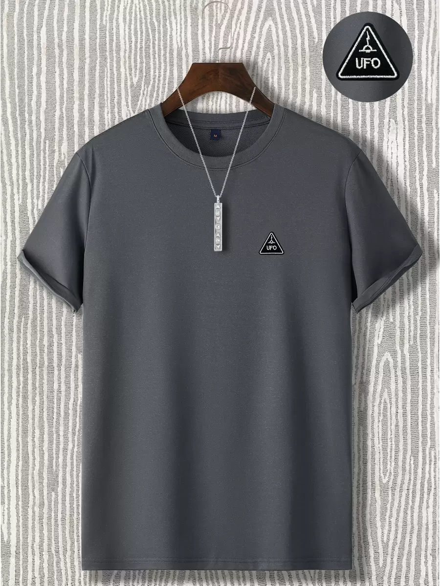 Manfinity Homme Áo thun nam cổ tròn tay ngắn họa tiết thường ngày mùa hè bằng polyester, áo thun nam thường ngày, áo thun nam thường ngày đi làm, áo thun nam màu xám - Màu xám đen - Xem 1
