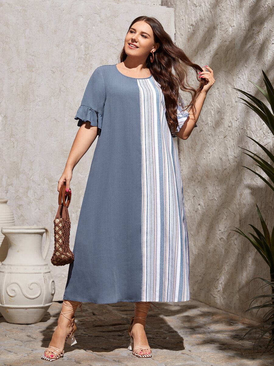 SHEIN VCAY Plus Colourblock Striped Flounce Sleeve Dress - Multicolor - View 1