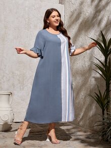 SHEIN VCAY Plus Colourblock Striped Flounce Sleeve Dress - Multicolor - View 4