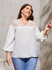 SHEIN Clasi Plus Contrast Lace Bishop Sleeve Blouse - White - View 4