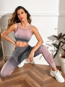 Easithlete 2pcs Softness Ombre Yoga Set Sports Suit Breathable Top Wide Waistband Leggings Workout Women Set - Multicolor - View 4