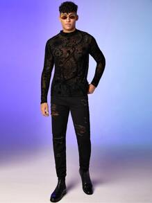 FeverCity Men Floral & Plants Print Mock Neck Sheer Tee