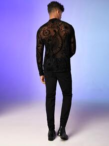 FeverCity Men Floral & Plants Print Mock Neck Sheer Tee
