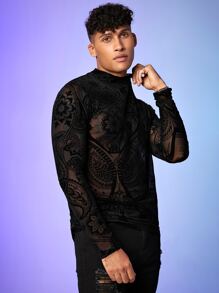FeverCity Men Floral & Plants Print Mock Neck Sheer Tee