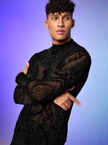 FeverCity Men Floral & Plants Print Mock Neck Sheer Tee
