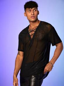 FeverCity Men Lace Up Sheer Mesh Tee - Black - View 4