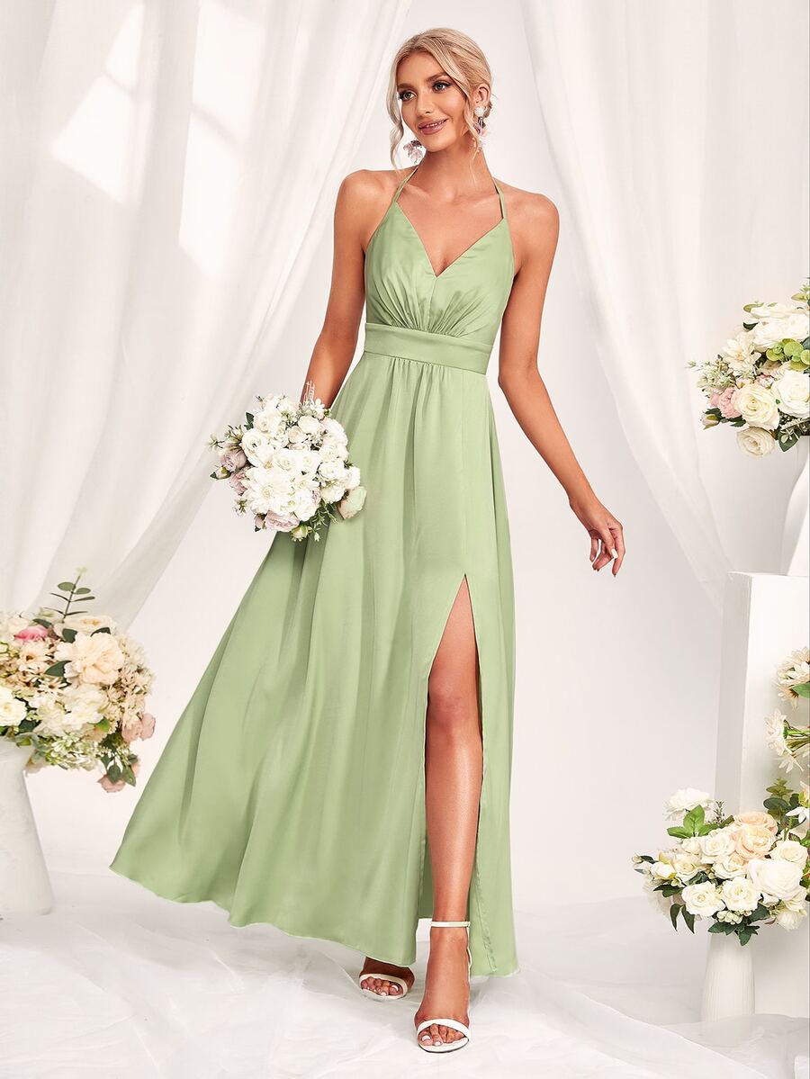 Ruched Bust Backless Split Thigh Halter Bridesmaid Dress - Green - View 1