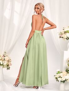 Ruched Bust Backless Split Thigh Halter Bridesmaid Dress - Green - View 2