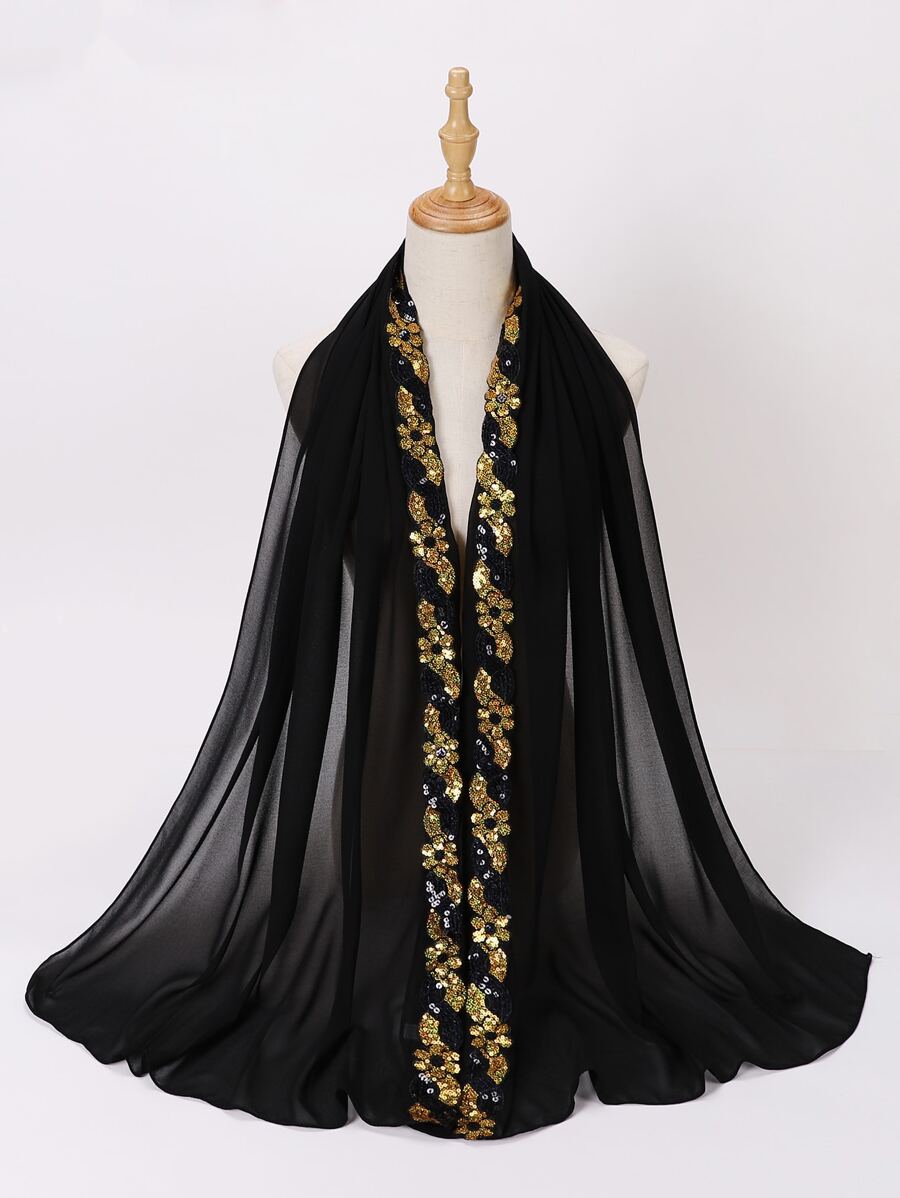 1 件亮片装饰优雅丝滑适合派对雪纺围巾头巾、发带、头带非常适合装扮您的情人节 - 黑色 - 查看 1