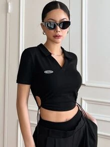 DAZY Letter Patch Detail Drawstring Side Crop Tee - Black - View 4