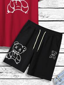 Manfinity Hypemode Men Bear Print Tee & Drawstring Waist Shorts - Multicolor - View 4