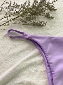 SHEIN Swim 極簡比基尼套裝三角形文胸和丁字褲下裝2入組泳衣 - 紫丁香色 - 查看 3