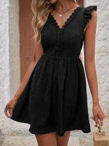 SHEIN Frenchy Đầm Tương phản ren Buộc lại màu trơn Giải trí - màu đen - Xem 5