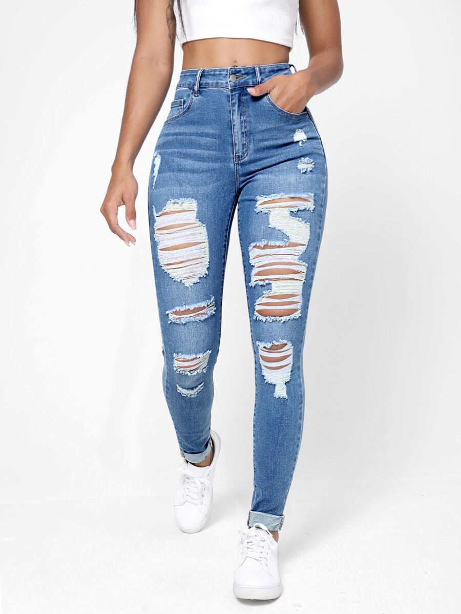 SHEIN Essnce Quần jean nữ Nút Túi Bị tách Dây kéo màu trơn - Rửa trung bình - Xem 1