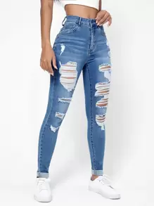 SHEIN Essnce Quần jean nữ Nút Túi Bị tách Dây kéo màu trơn - Rửa trung bình - Xem 5