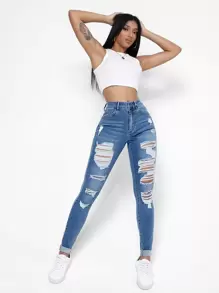 SHEIN Essnce Quần jean nữ Nút Túi Bị tách Dây kéo màu trơn - Rửa trung bình - Xem 6