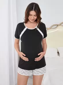 SHEIN 孕婦哺乳上衣和口號圖形可調節彈性腰短褲睡衣套裝，適用於孕婦 - 黑與白 - 查看 4