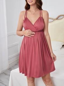 SHEIN Trang phục thư giãn Bà bầu Lộ Lưng Hội Chữ thập viền lá sen Trọn gói màu trơn Gợi cảm - Màu Hồng  Dưa hấu - Xem 3