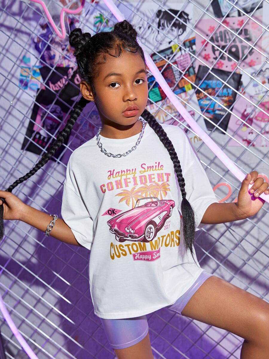 SHEIN Girls Letter & Car Print Drop Shoulder Tee - White - View 1