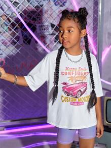 SHEIN Girls Letter & Car Print Drop Shoulder Tee - White - View 3