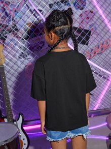 SHEIN Girls Heart & Slogan Graphic Drop Shoulder Tee - Black - View 2