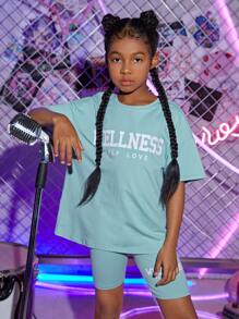 SHEIN Girls Letter Graphic Drop Shoulder Tee & Cycling Shorts - Mint Blue - View 1