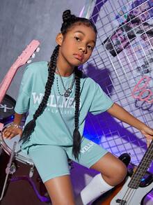 SHEIN Girls Letter Graphic Drop Shoulder Tee & Cycling Shorts - Mint Blue - View 4