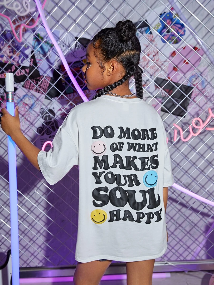 SHEIN Girls Slogan & Expression Print Drop Shoulder Tee - White - View 1