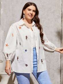 SHEIN LUNE Plus Animal Embroidery Button Front Puff Sleeve Blouse - White - View 4