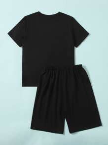 SHEIN Cậu bé Tween Đồ họa Chữ cái Khối màu Áo thun Và Quần short thể thao Bộ - Màu xanh Bạc hà - Xem 2