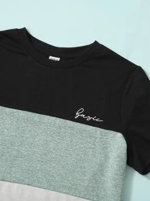 SHEIN Cậu bé Tween Đồ họa Chữ cái Khối màu Áo thun Và Quần short thể thao Bộ - Màu xanh Bạc hà - Xem 3