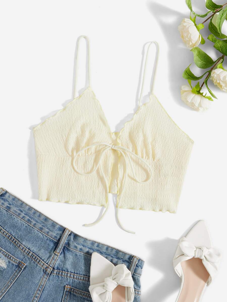 SHEIN Essnce Áo hai dây Xù nhỏ Thắt nơ trước màu trơn Gợi cảm - Màu be - Xem 1