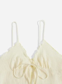 SHEIN Essnce Áo hai dây Xù nhỏ Thắt nơ trước màu trơn Gợi cảm - Màu be - Xem 3