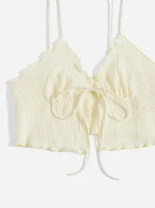 SHEIN Essnce Áo hai dây Xù nhỏ Thắt nơ trước màu trơn Gợi cảm - Màu be - Xem 4