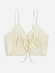 SHEIN Essnce Áo hai dây Xù nhỏ Thắt nơ trước màu trơn Gợi cảm - Màu be - Xem 5