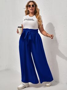 Calvaya Plus Paperbag Waist Tie Front Wide Leg Trousers - Royal Blue - View 1
