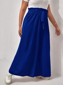 Calvaya Plus Paperbag Waist Tie Front Wide Leg Trousers - Royal Blue - View 3