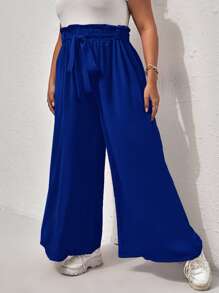 Calvaya Plus Paperbag Waist Tie Front Wide Leg Trousers - Royal Blue - View 4
